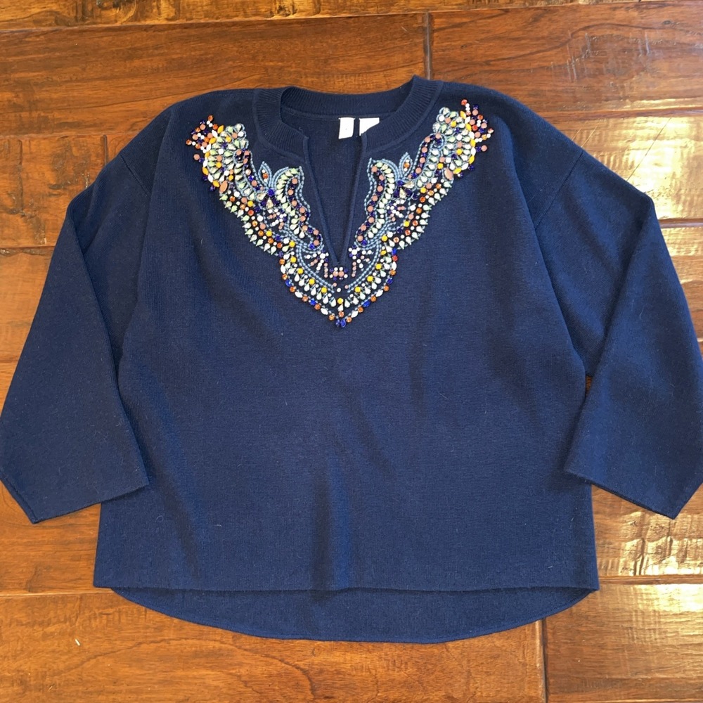 Anthropologie‎ Moth Embellished Jewel V-Neck Knit Sweater Navy  Blue Size Medium